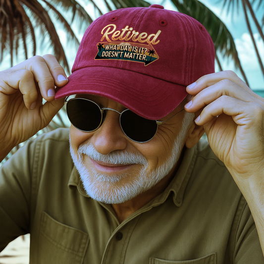“Retired. What Day Is It? Doesn’t Matter.” Vintage Sunset Neon Style Cap