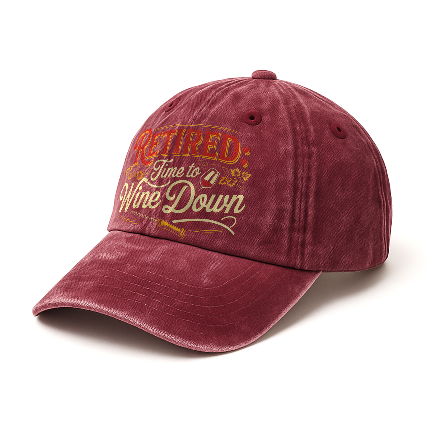 “Retired: Time To Wine Down” Vineyard Script Chill Cap