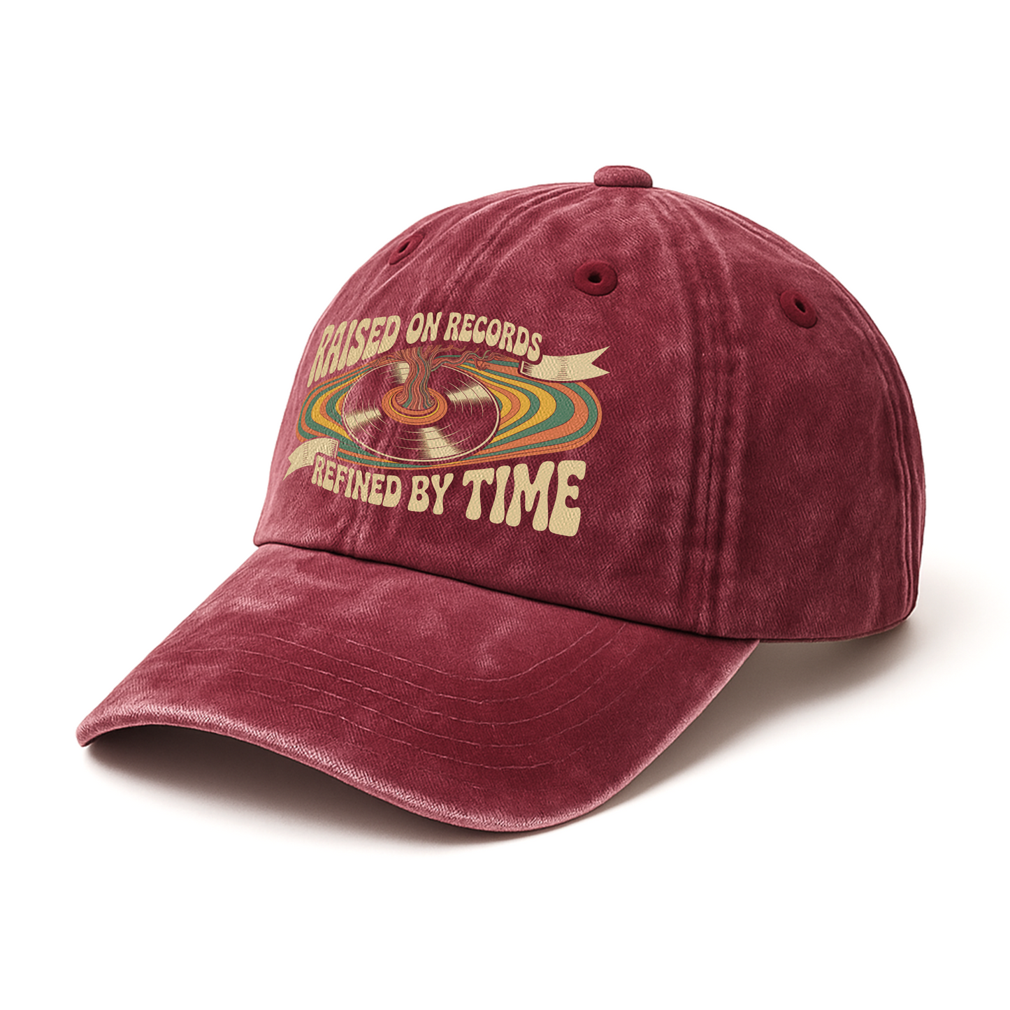 "Raised On Records. Refined By Time" Retro Music Washed Cap