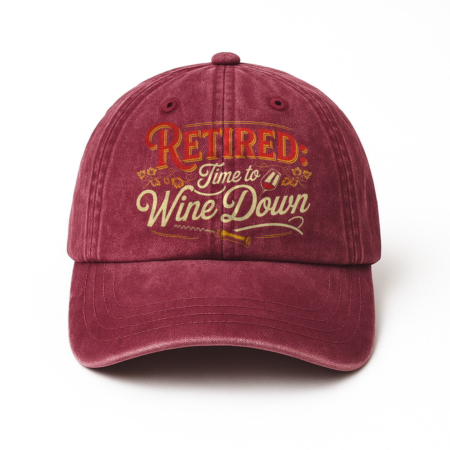 “Retired: Time To Wine Down” Vineyard Script Chill Cap