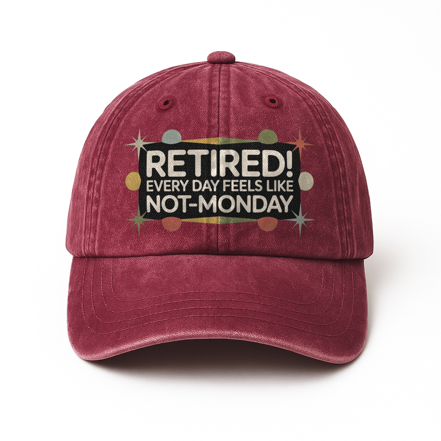 “Retired! Every Day Feels Like Not-Monday” Retro Stardust Lounge Cap