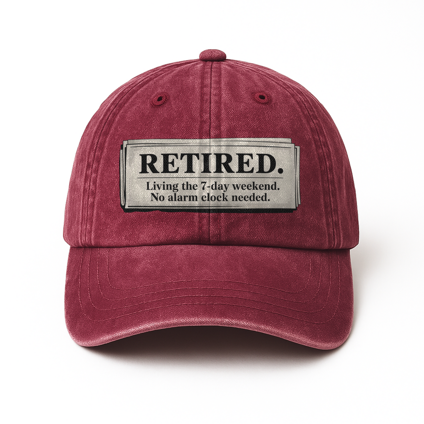 “Retired. Living The 7-day Weekend. No Alarm Clock Needed.” Retro Newspaper Statement Cap