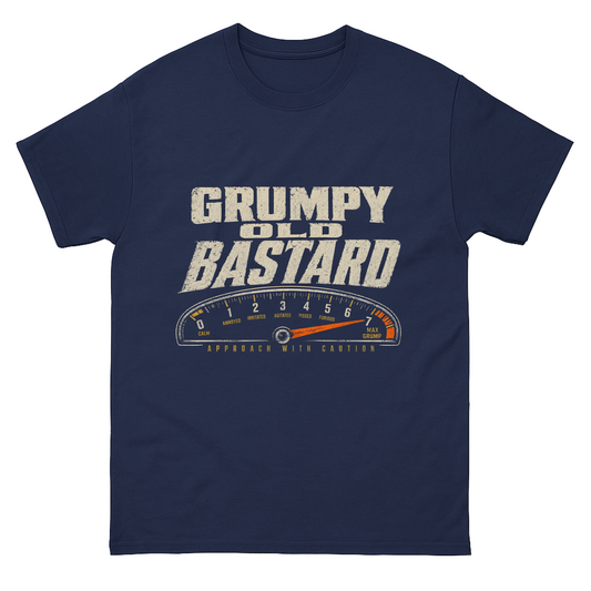 Navy T-shirt with Grumpy Old Bastard caution gauge front design