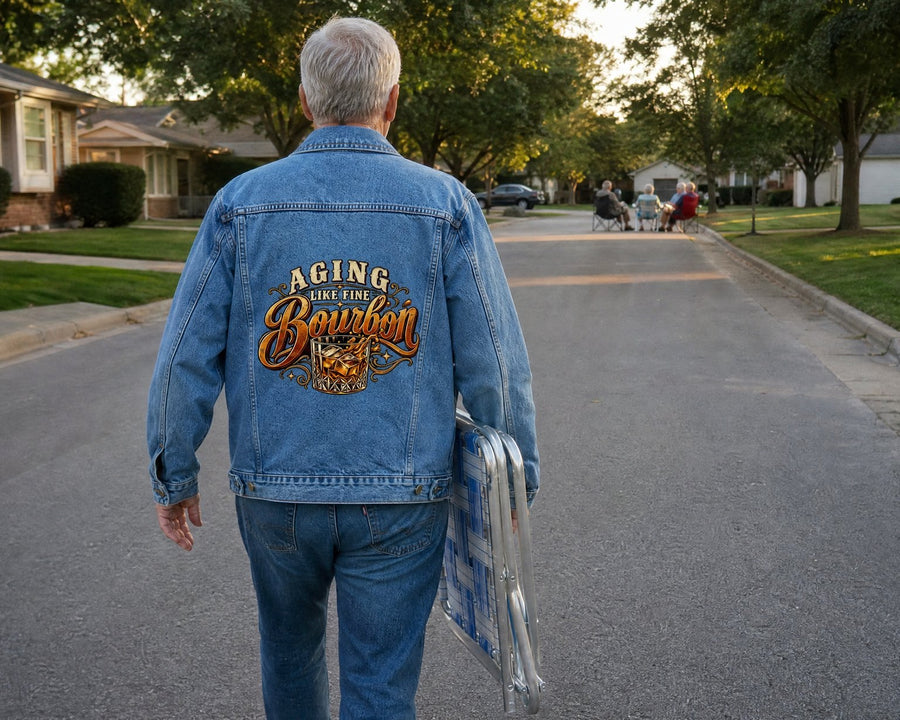 A man seen from behind in the denim jacket, carrying a folding chair down the street toward the neighbours