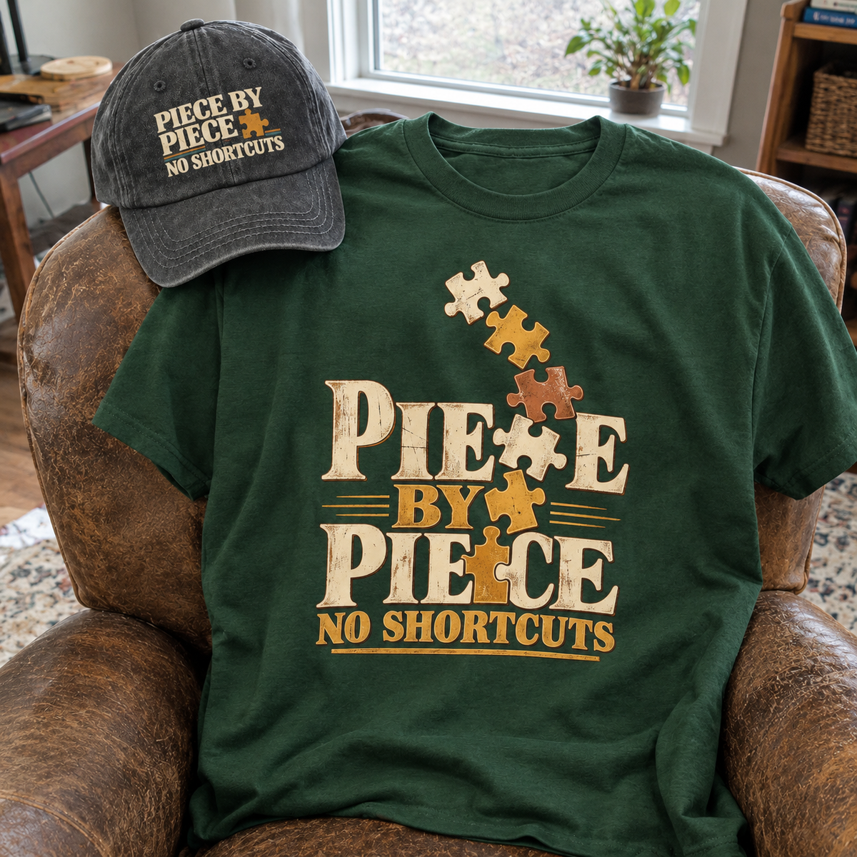 Matching set: Piece By Piece. No Shortcuts vintage washed cap and Piece By Piece. No Shortcuts vintage t-shirt