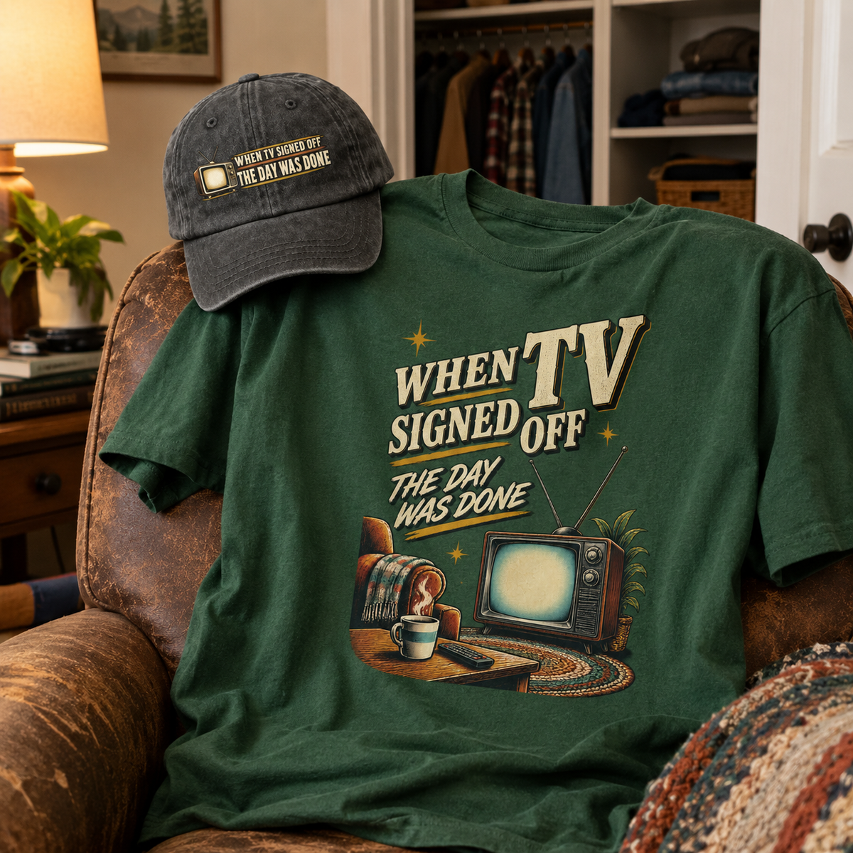 Matching set: When TV Signed Off The Day Was Done vintage washed cap and When TV Signed Off The Day Was Done vintage t-shirt
