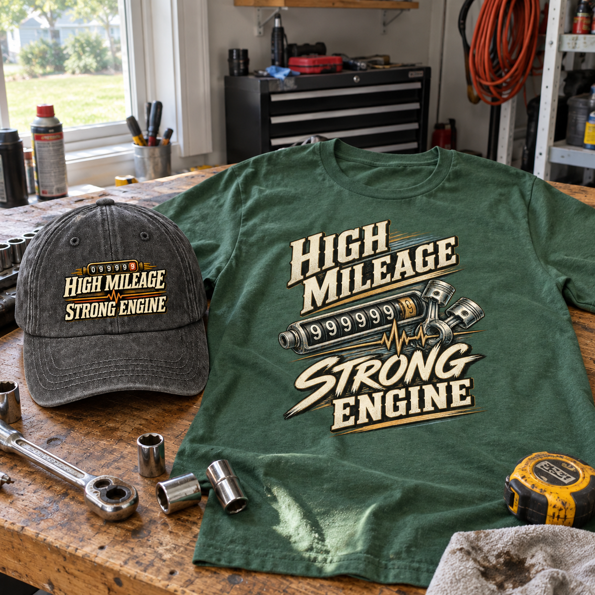 Matching set: High Mileage Strong Engine vintage washed cap and High Mileage Strong Engine vintage t-shirt