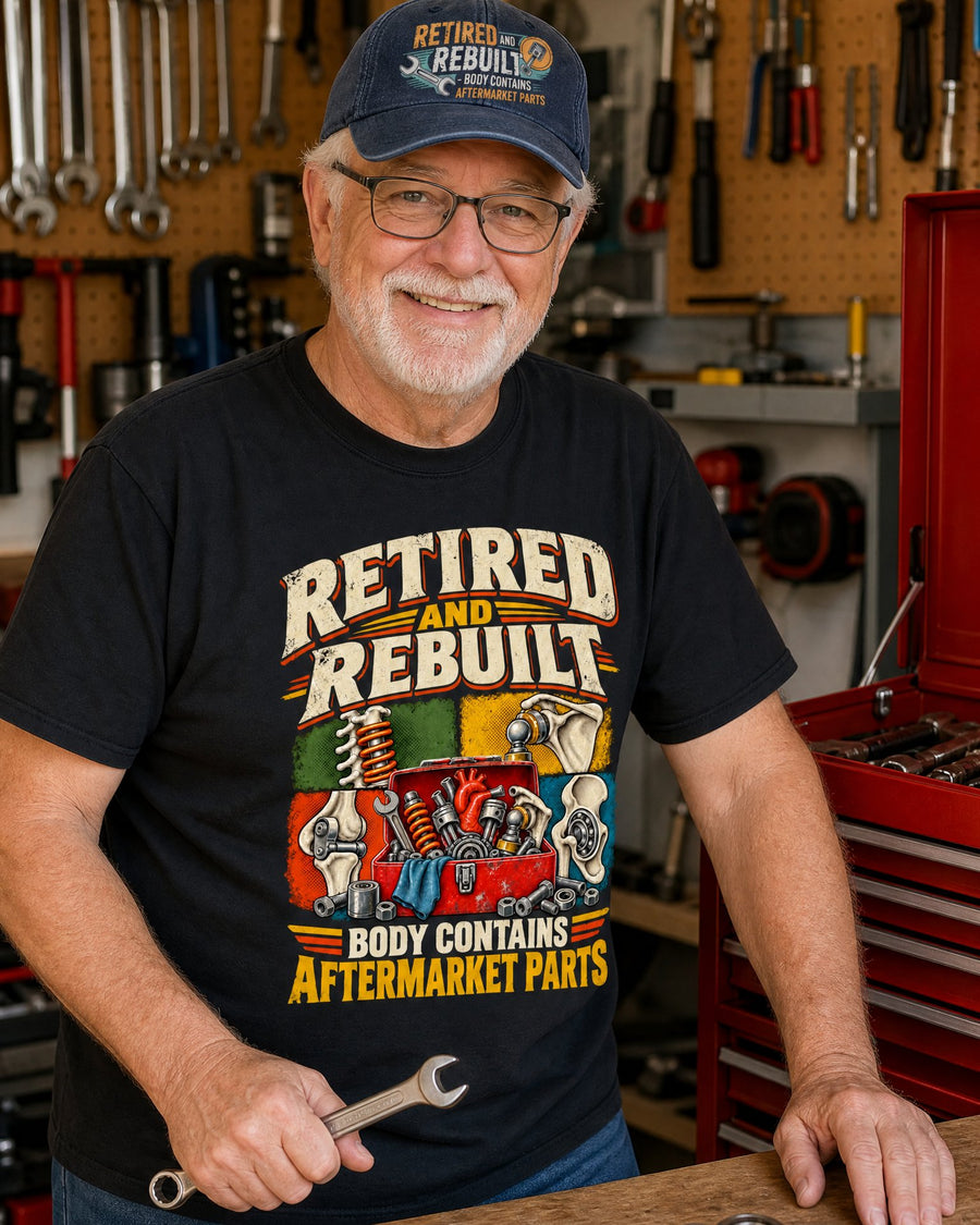 Man in the Retired and Rebuilt black tee and navy cap at his garage workbench with a wrench