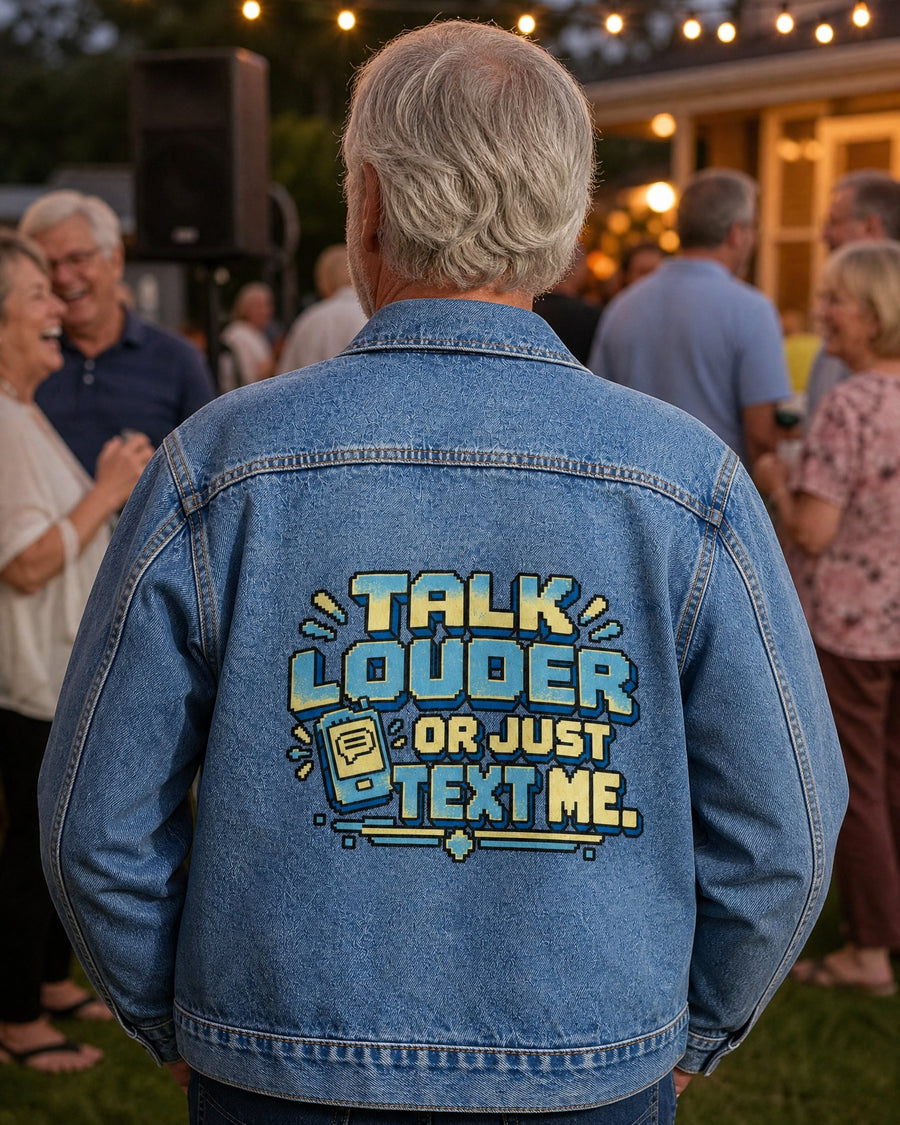 Man seen from behind in the denim jacket at a backyard party, the design printed large across the back