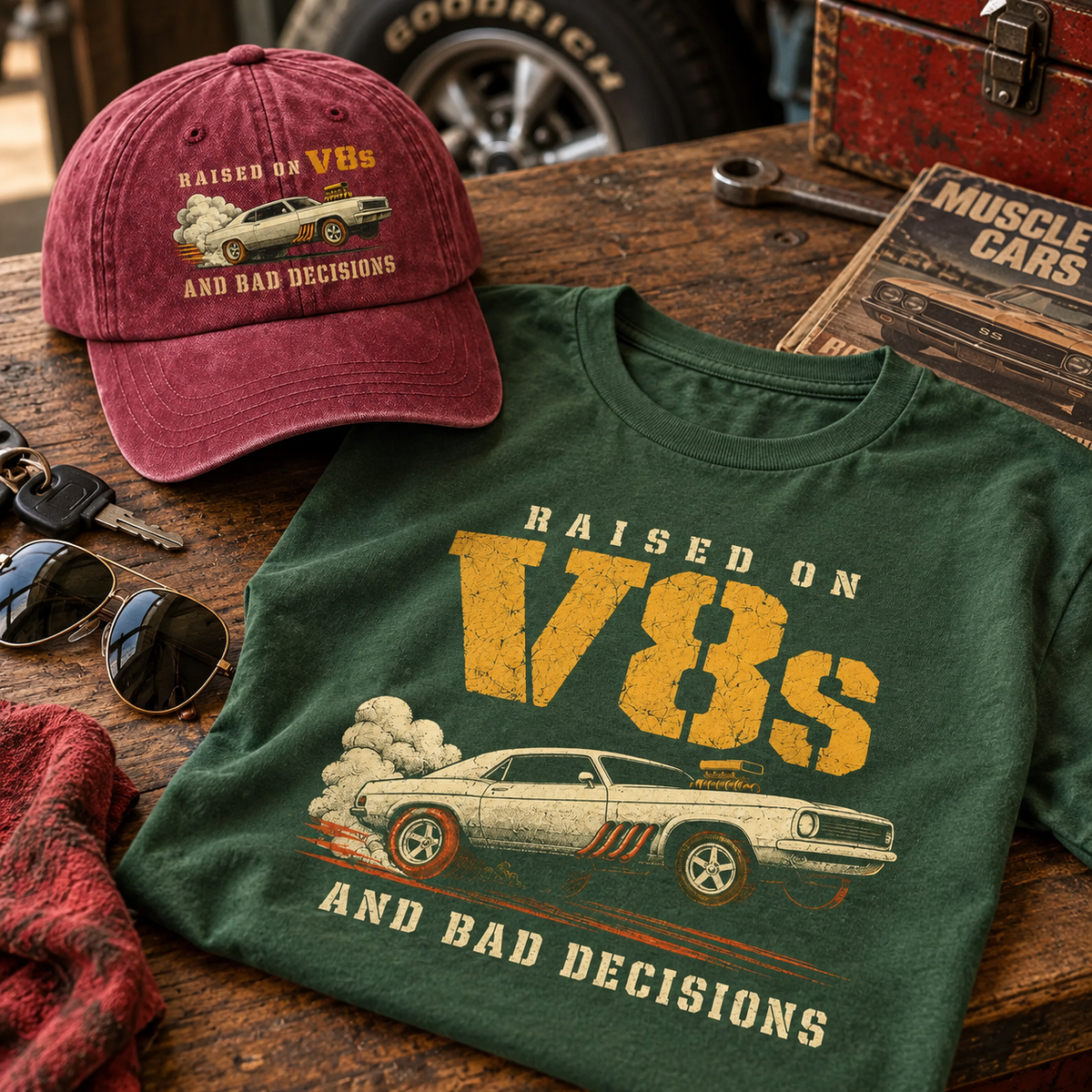 "Raised on V8s and Bad Decisions" Vintage Washed Cap