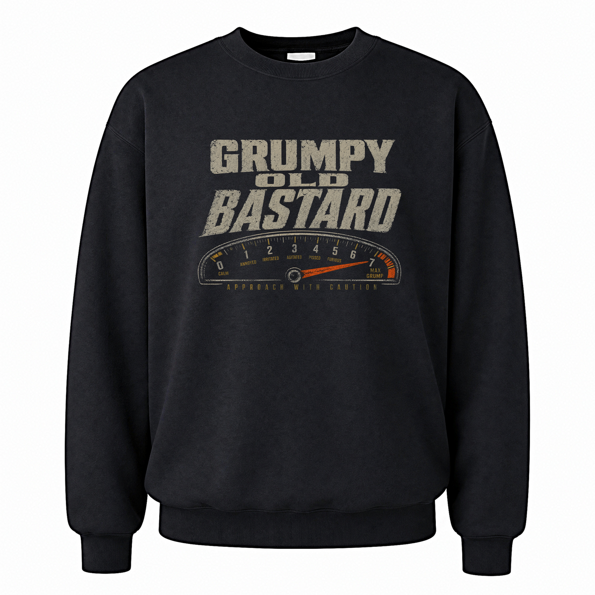 Black vintage sweatshirt with Grumpy Old Bastard Approach with Caution printed front design