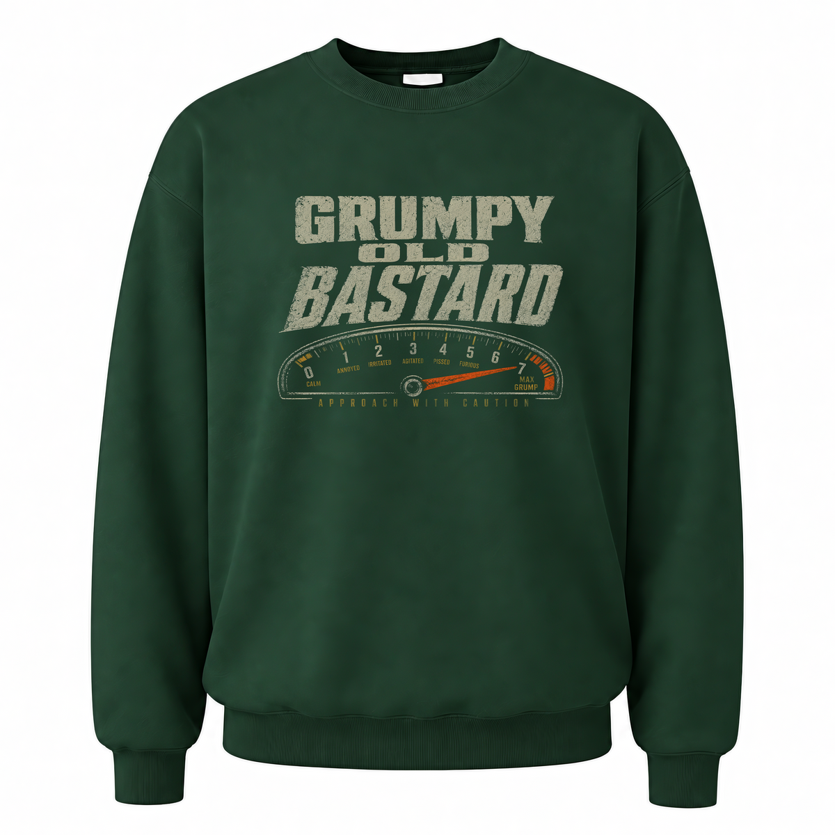 Forest Green vintage sweatshirt with Grumpy Old Bastard Approach with Caution printed front design