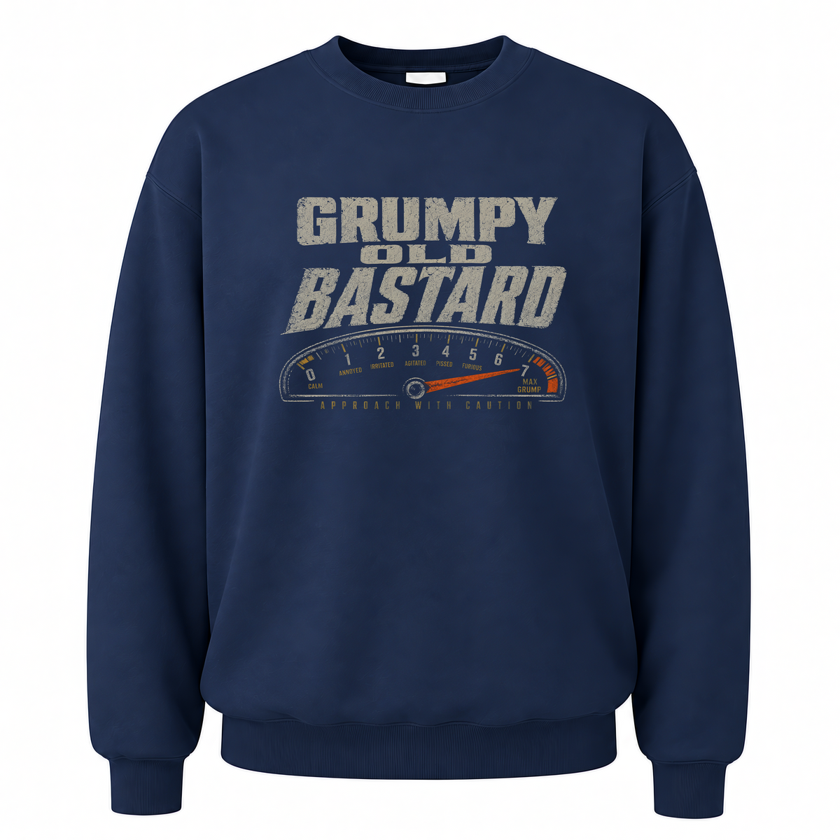 Navy vintage sweatshirt with Grumpy Old Bastard Approach with Caution printed front design