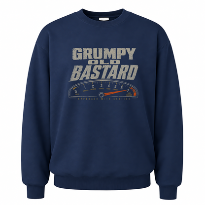 Navy vintage sweatshirt with Grumpy Old Bastard Approach with Caution printed front design