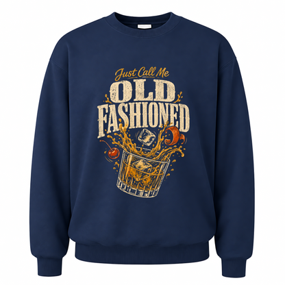 Navy vintage sweatshirt with Just Call Me Old Fashioned printed front design