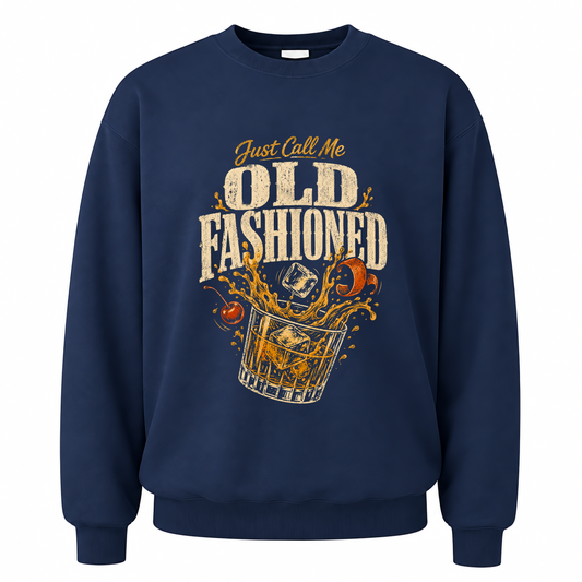 Navy vintage sweatshirt with Just Call Me Old Fashioned printed front design