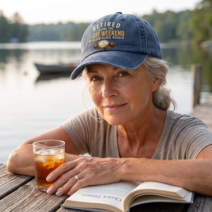 "Retired. Living the 7-Day Weekend. No Alarm Clock Needed" Vintage Washed Cap