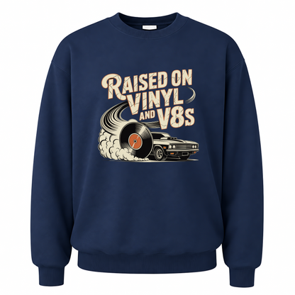 Navy vintage sweatshirt with Raised on Vinyl and V8s printed front design