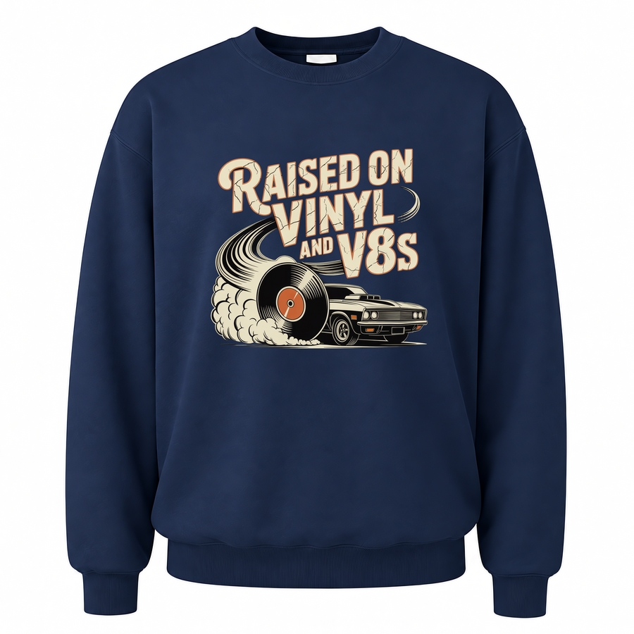 Navy vintage sweatshirt with Raised on Vinyl and V8s printed front design