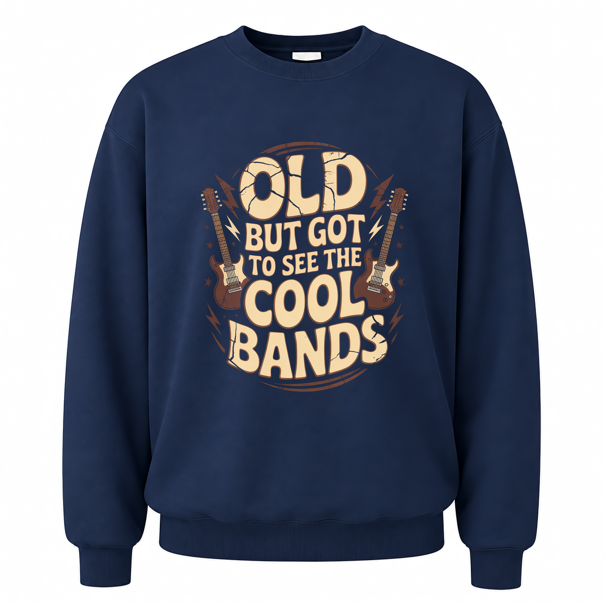 Navy vintage sweatshirt with Old But Got to See the Cool Bands printed front design