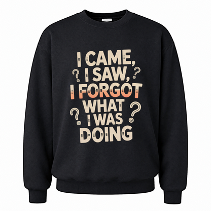 Black vintage sweatshirt with I Came, I Saw, I Forgot What I Was Doing printed front design