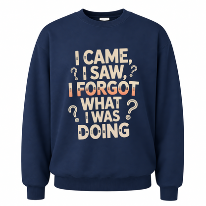 Navy vintage sweatshirt with I Came, I Saw, I Forgot What I Was Doing printed front design