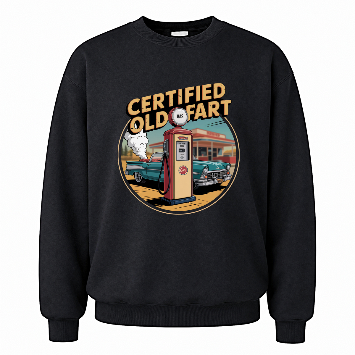 Black vintage sweatshirt with Certified Old Fart printed front design