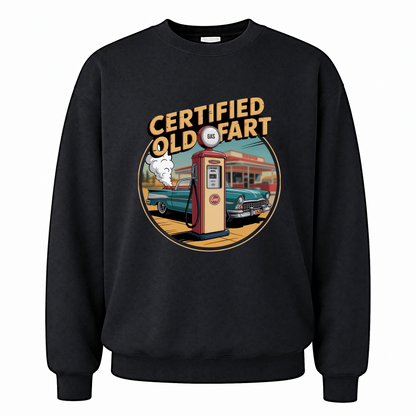 Black vintage sweatshirt with Certified Old Fart printed front design