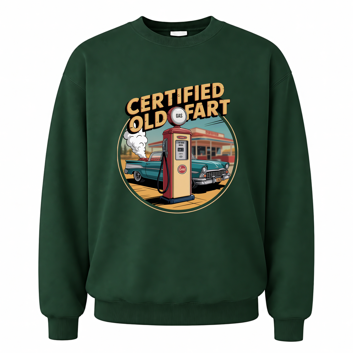 Forest Green vintage sweatshirt with Certified Old Fart printed front design