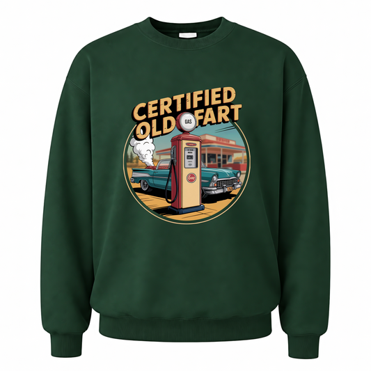 Forest Green vintage sweatshirt with Certified Old Fart printed front design