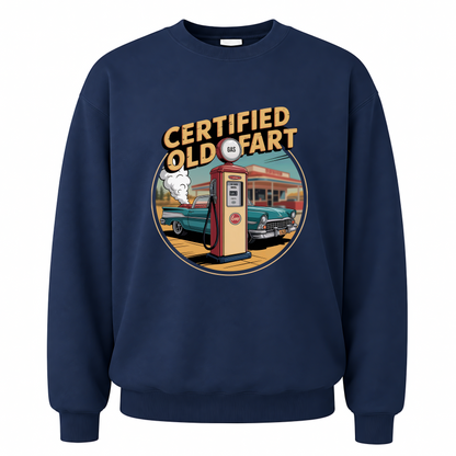 Navy vintage sweatshirt with Certified Old Fart printed front design