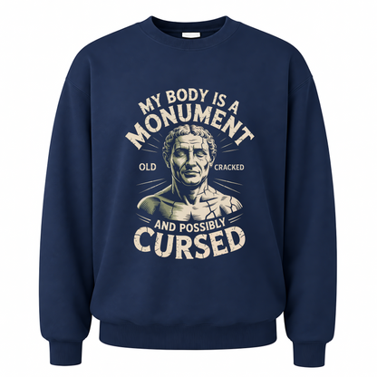 Navy vintage sweatshirt with My Body Is a Monument printed front design