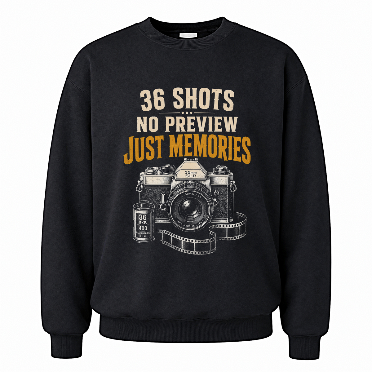 Black vintage sweatshirt with 36 Shots. No Preview. Just Memories printed front design