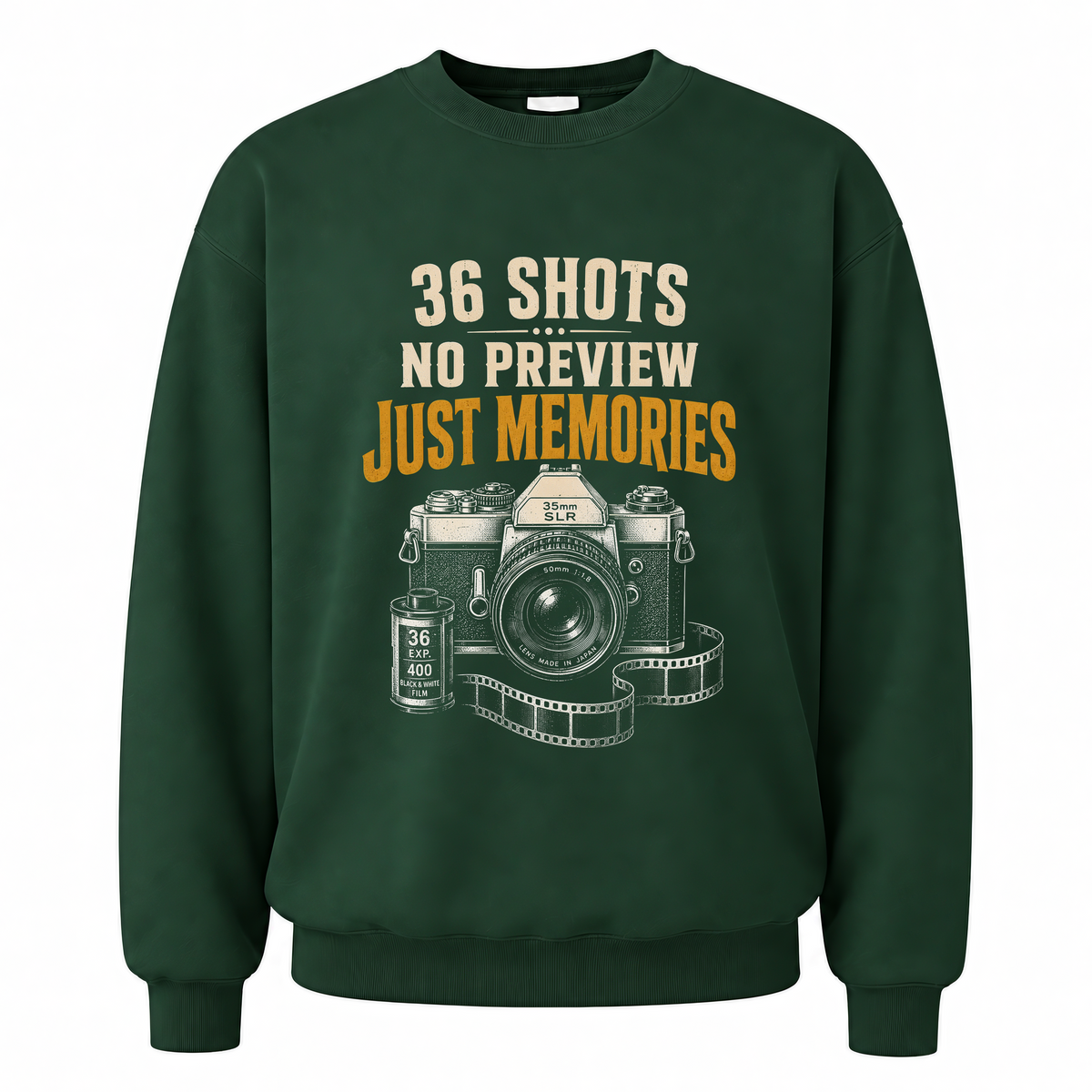 Forest Green vintage sweatshirt with 36 Shots. No Preview. Just Memories printed front design