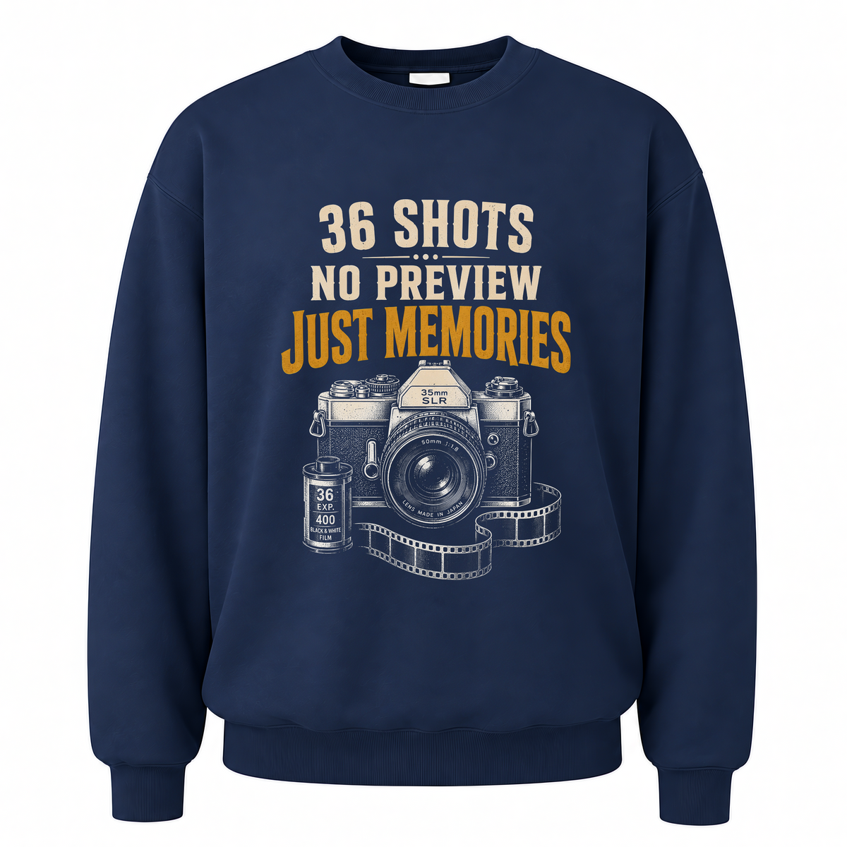 Navy vintage sweatshirt with 36 Shots. No Preview. Just Memories printed front design