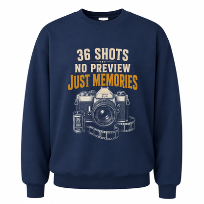 Navy vintage sweatshirt with 36 Shots. No Preview. Just Memories printed front design