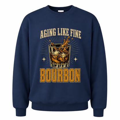 Navy vintage sweatshirt with Aging Like Fine Bourbon printed front design