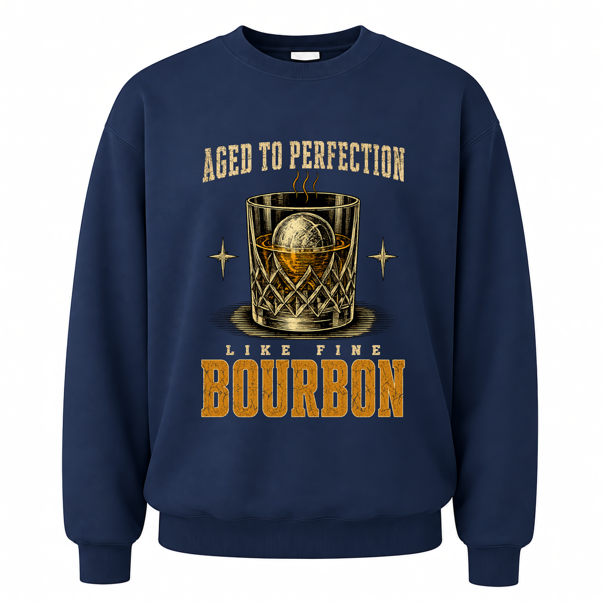 Navy vintage sweatshirt with Aged To Perfection Like Fine Bourbon printed front design