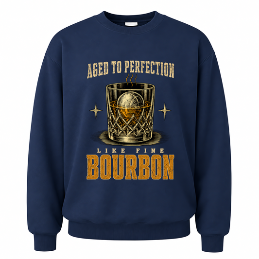 Navy vintage sweatshirt with Aged To Perfection Like Fine Bourbon printed front design