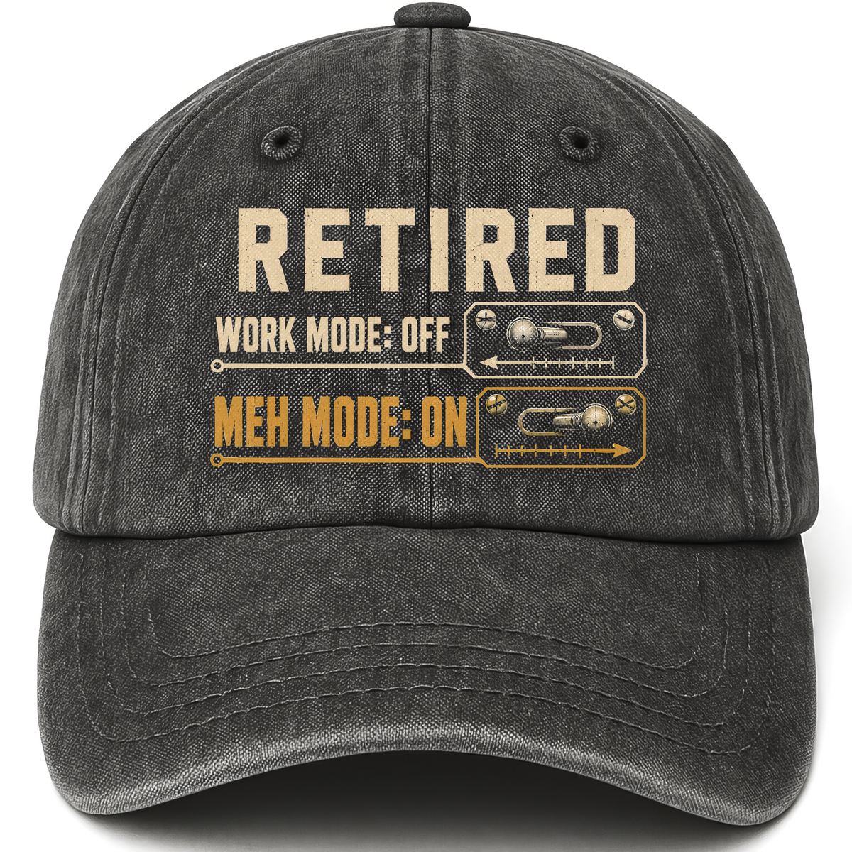 Black vintage washed cap with Retired. Meh Mode On printed front design