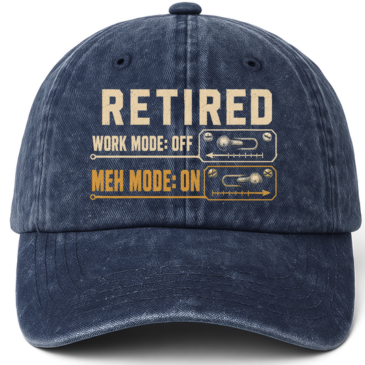 Navy vintage washed cap with Retired. Meh Mode On printed front design
