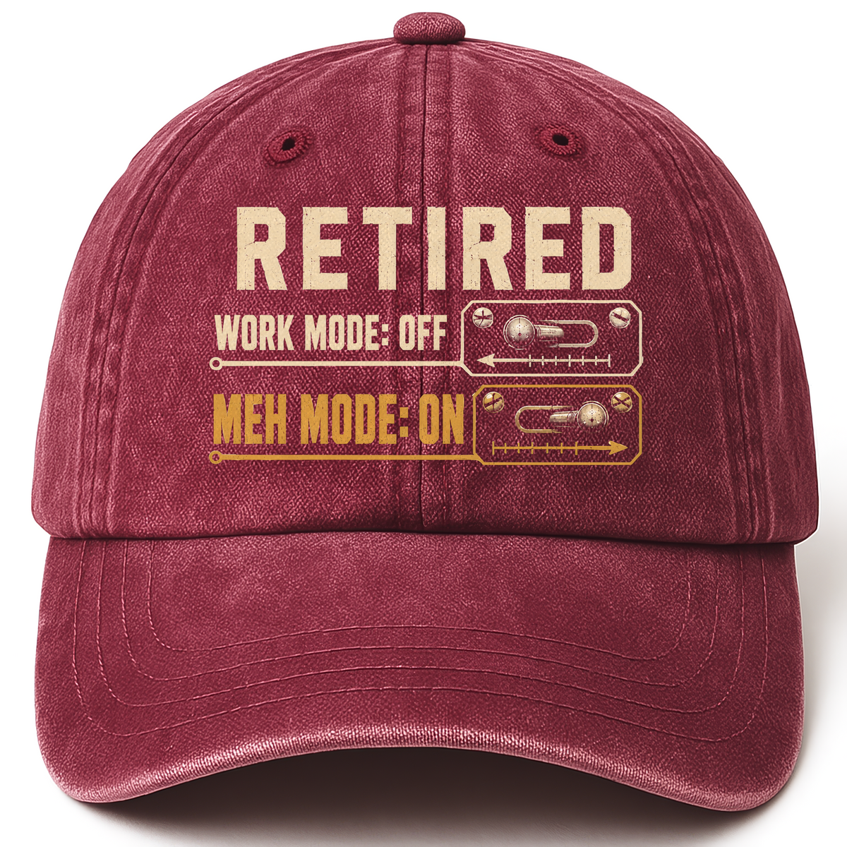 Wine Red vintage washed cap with Retired. Meh Mode On printed front design