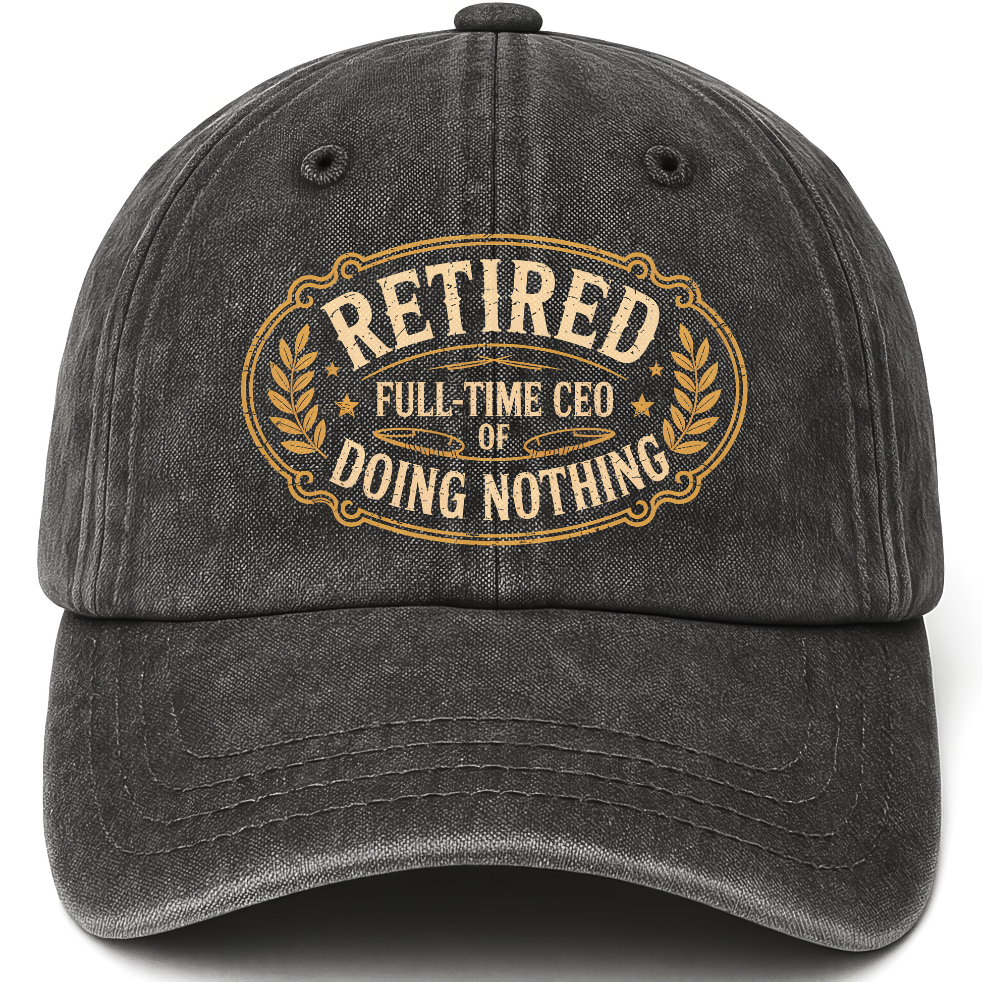 Black vintage washed cap with Retired. Full-time CEO of Doing Nothing printed front design