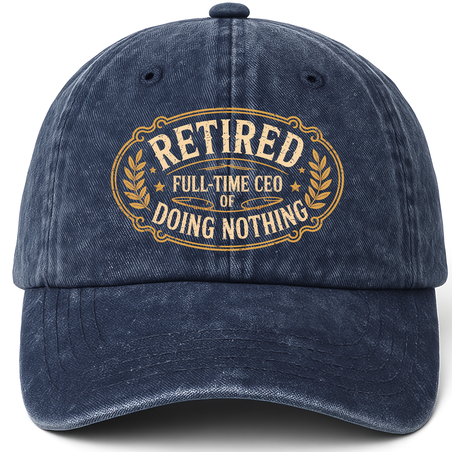 Navy vintage washed cap with Retired. Full-time CEO of Doing Nothing printed front design