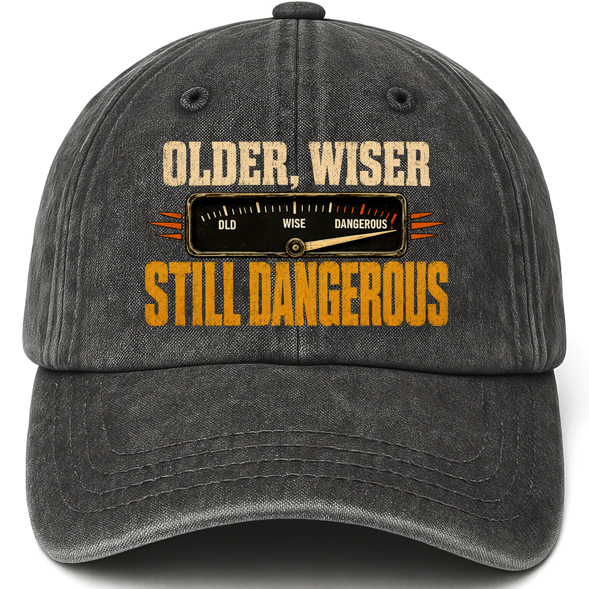 Black vintage washed cap with Older. Wiser. Still Dangerous printed front design