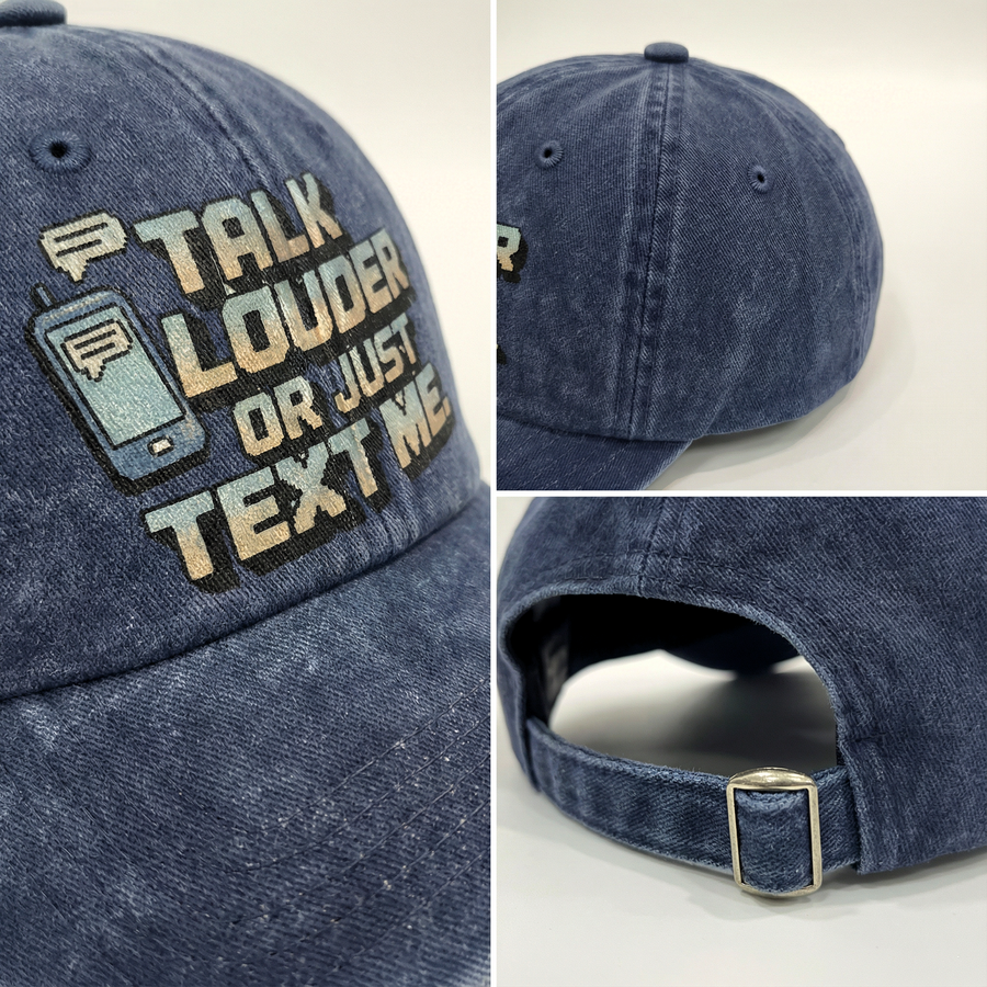 Navy Talk Louder cap detail collage showing printed design, brim, and strap