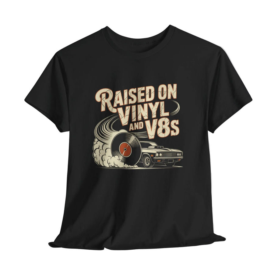 Black T-shirt mockup with Raised on Vinyl and V8s printed design