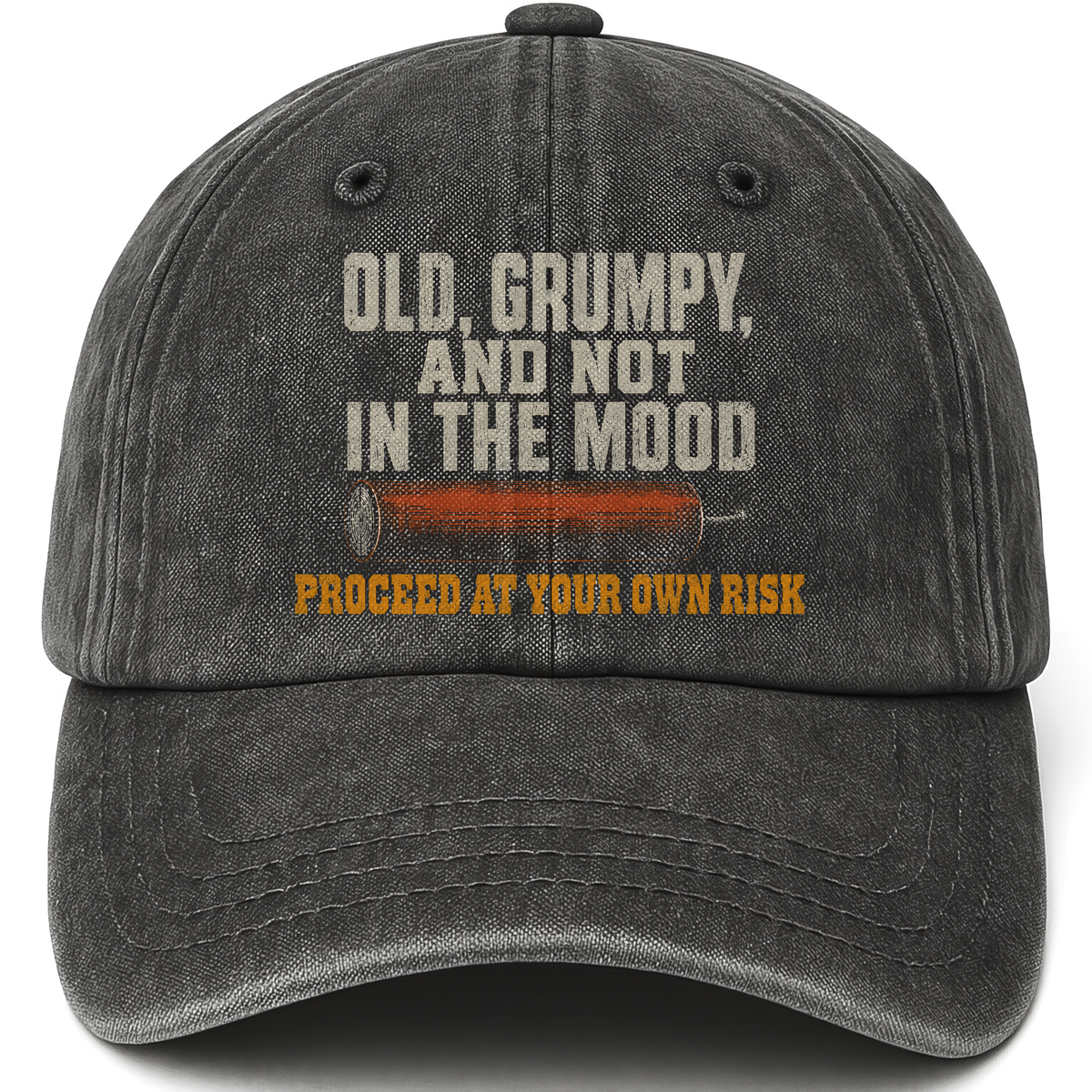 Black vintage washed cap with Old, Grumpy and Not in the Mood printed front design
