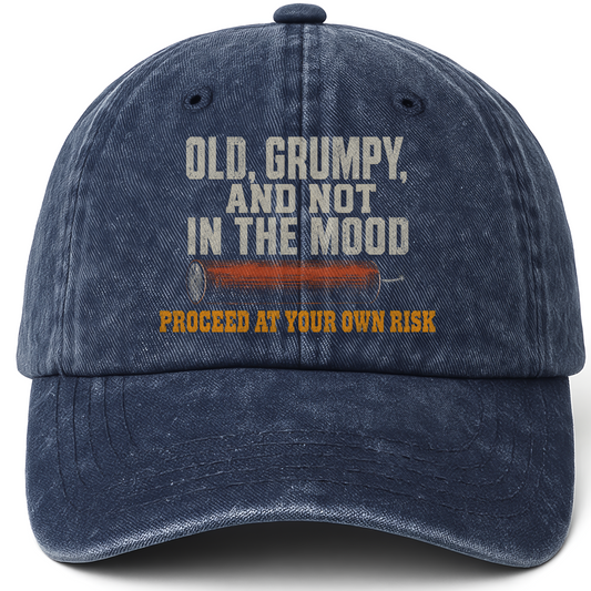 Navy vintage washed cap with Old, Grumpy and Not in the Mood printed front design