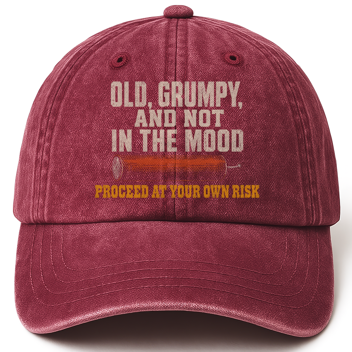 Wine Red vintage washed cap with Old, Grumpy and Not in the Mood printed front design